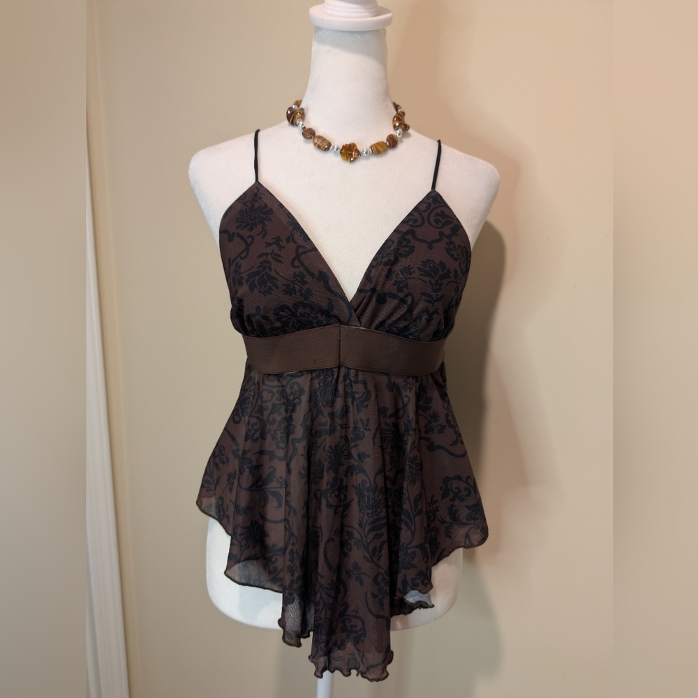 Romwe Hippie Brown Floral Asymmetrical Hanky Hem Cami Top - Picture 2 of 11
